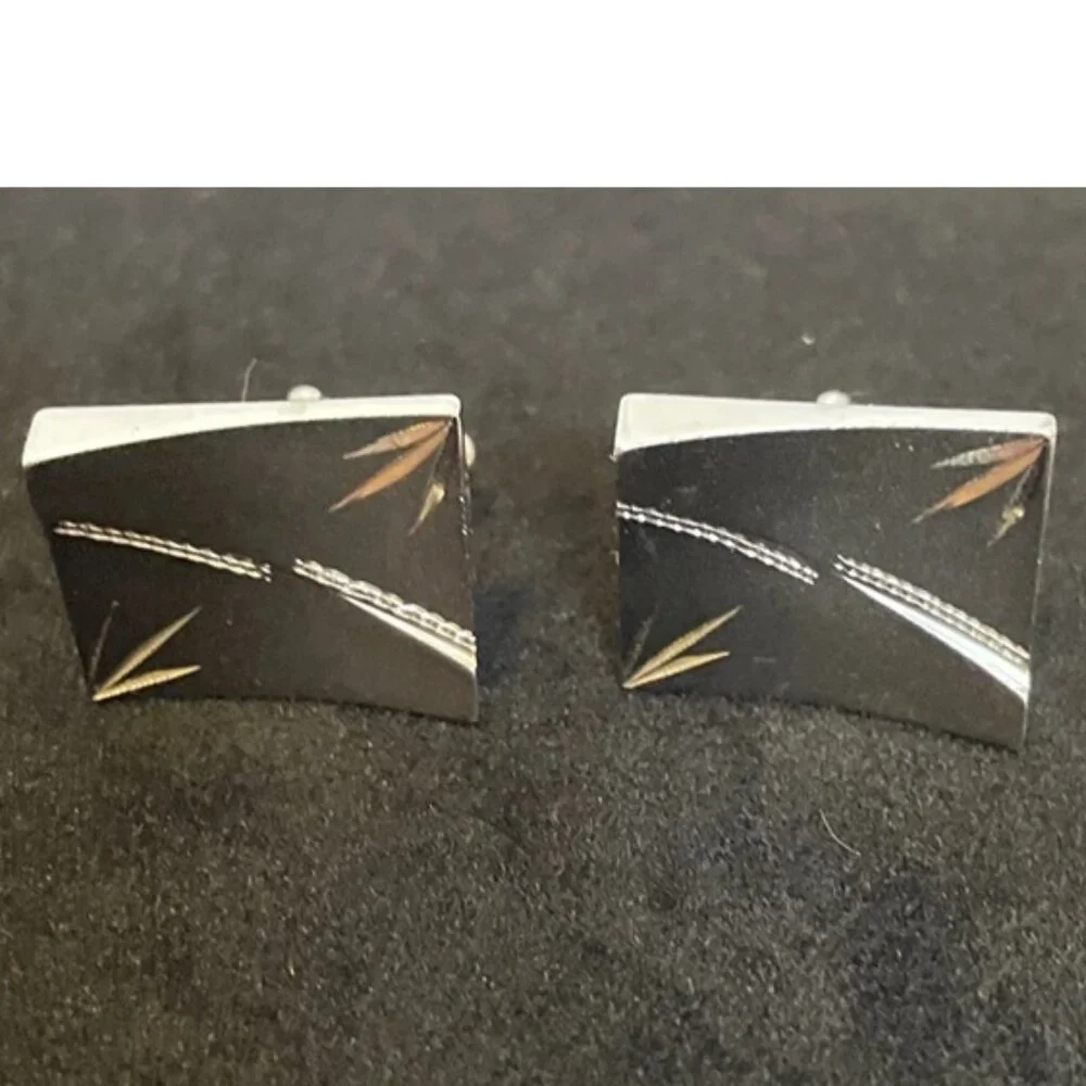 Silver Tone Square Etched Cufflinks Men's Vintage Formal Wear Bullet Back
